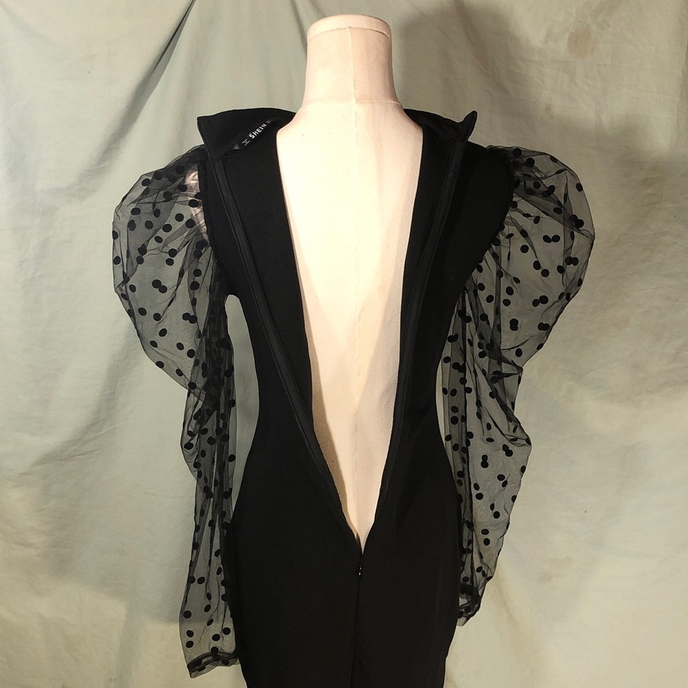 Prom Black Dress with Sheer Polka Dot Mesh Sleeves Size Small - Picture 15 of 16